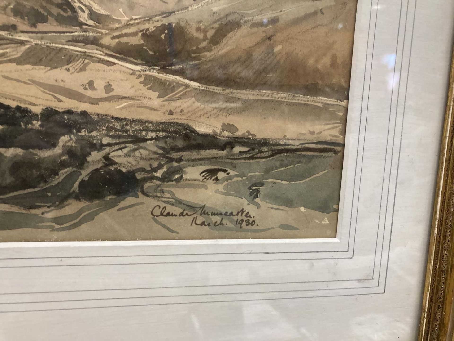 A GILT FRAMED WATERCOLOUR OF A HILL LANDSCAPE, INDISTINCTLY SIGNED, DATED 1930 - Image 2 of 3