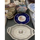 A QUANTITY OF CERAMIC ITEMS TO INCLUDE TEAPOTS, A GLASS CARNIVAL BOWL, JUG AND BOWL SET, CABINET