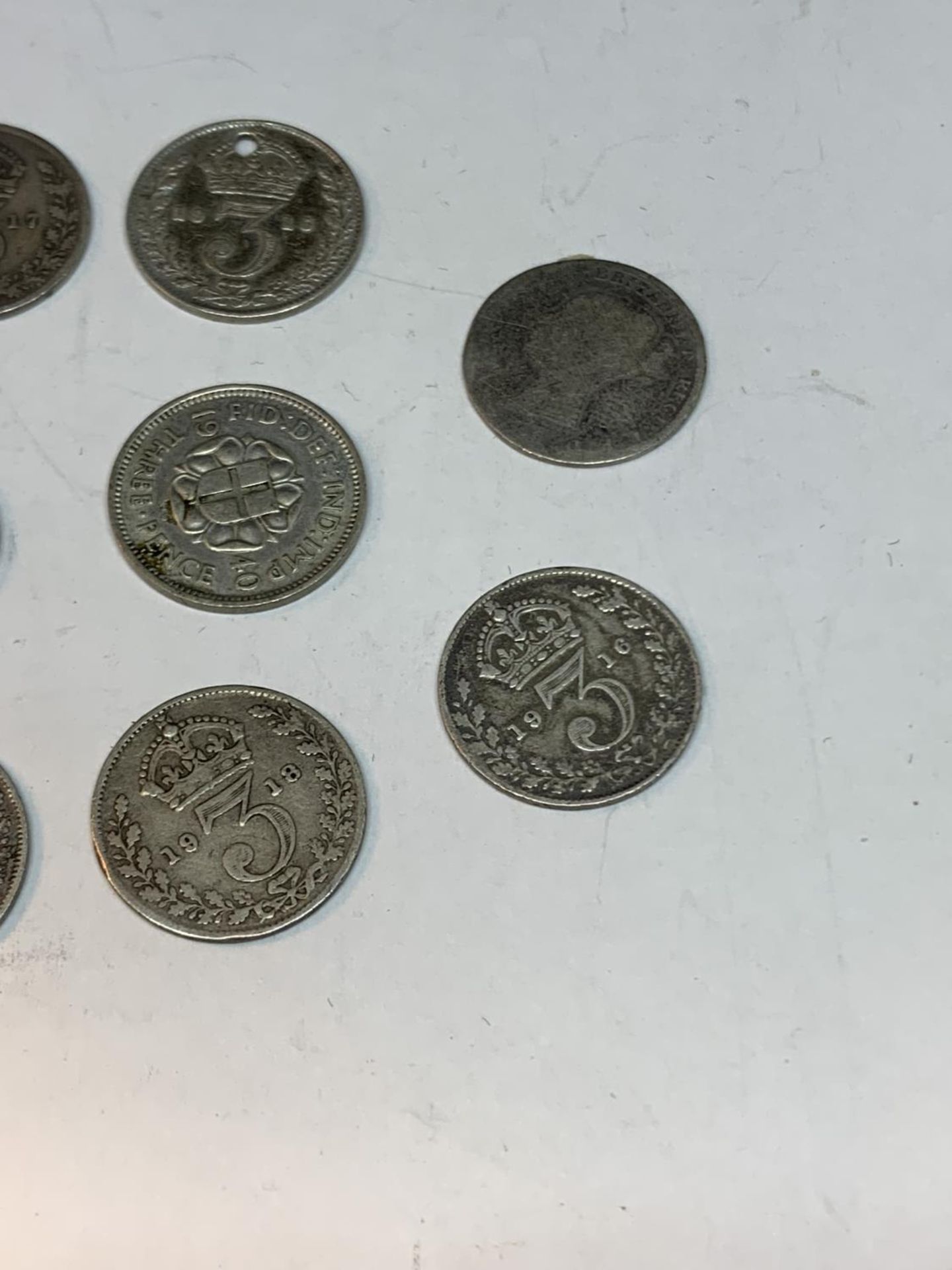 A BAG OF SILVER COINS TO INCLUDE THREE PENCES - Image 3 of 4