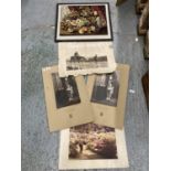 A GROUP OF UNFRAMED PRINTS AND ENGRAVINGS TO INCLUDE STILL LIFE EMBROIDERY