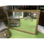 A GILT FRAMED MIRROR WITH ETCHED CARRIAGE SCENE