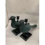 TWO UNUSUAL TURQUOISE BIRD DESIGN CANDLE HOLDERS, LENGTH 36CM
