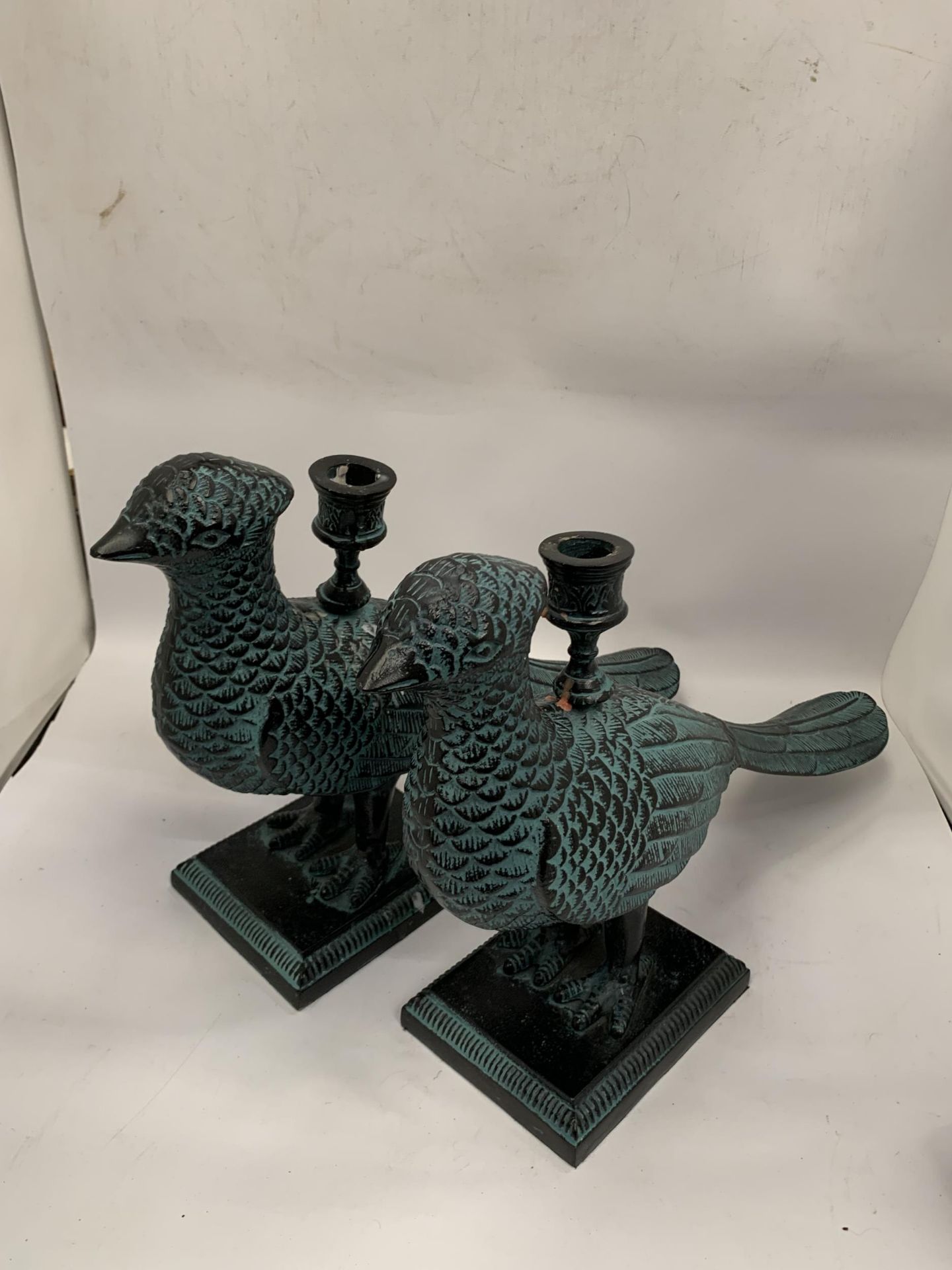 TWO UNUSUAL TURQUOISE BIRD DESIGN CANDLE HOLDERS, LENGTH 36CM