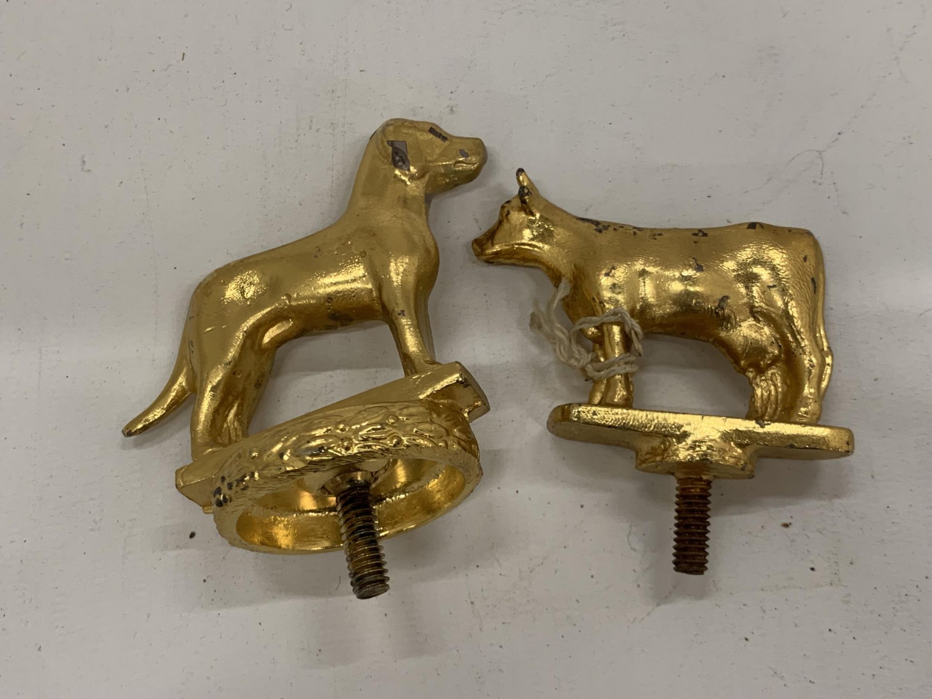 TWO VINTAGE GOLD PAINTED CAR MASCOTS - COW AND DOG - Image 2 of 4