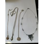 FOUR SILVER NECKLACES WITH PENDANTS