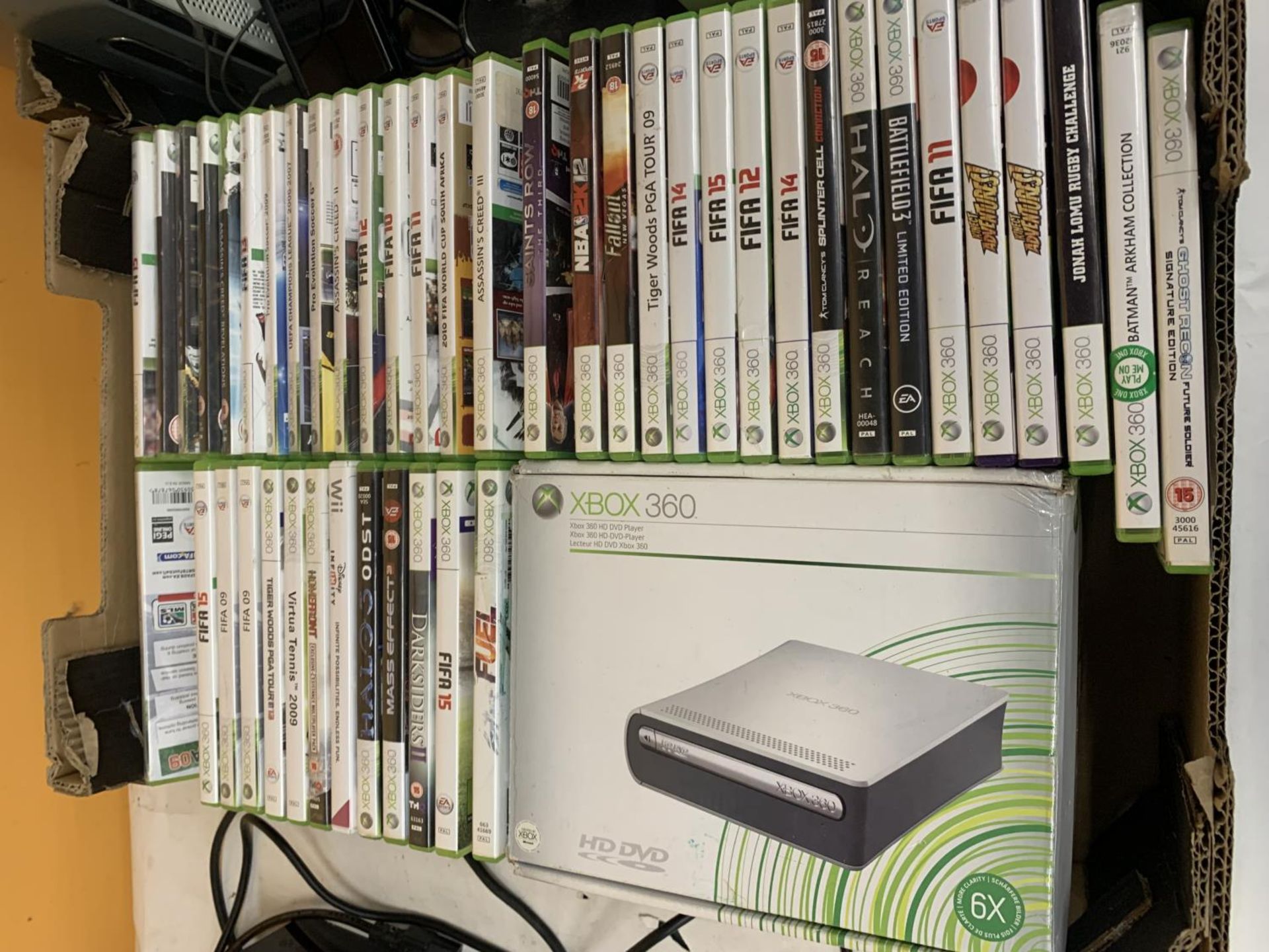 A QUANTITY OF XBOX 360 GAMES AND DVD PLAYER TO INCLUDE FIFA, HALO ETC