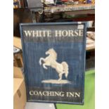 A LARGE WOODEN PUB STYLE SIGN 'WHITE HORSE COACHING INN' 84CM X 113CM