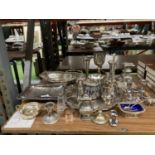 A LARGE MIXED LOT OF VINTAGE SILVER PLATED ITEMS, SALVER, LARGE GOBLET, CONDIMENT ITEMS ETC