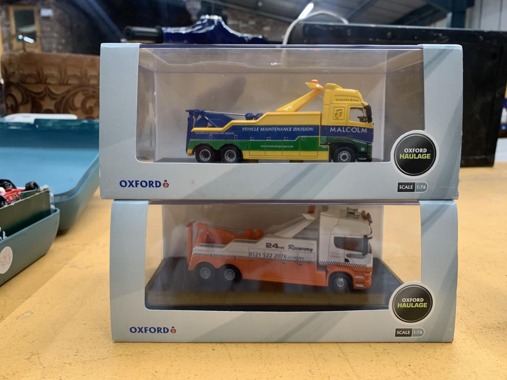 TWO OXFORD BOXED MODELS, SCANIA RECOVERY TRUCKS AND MALCOLMS VOLVO FH