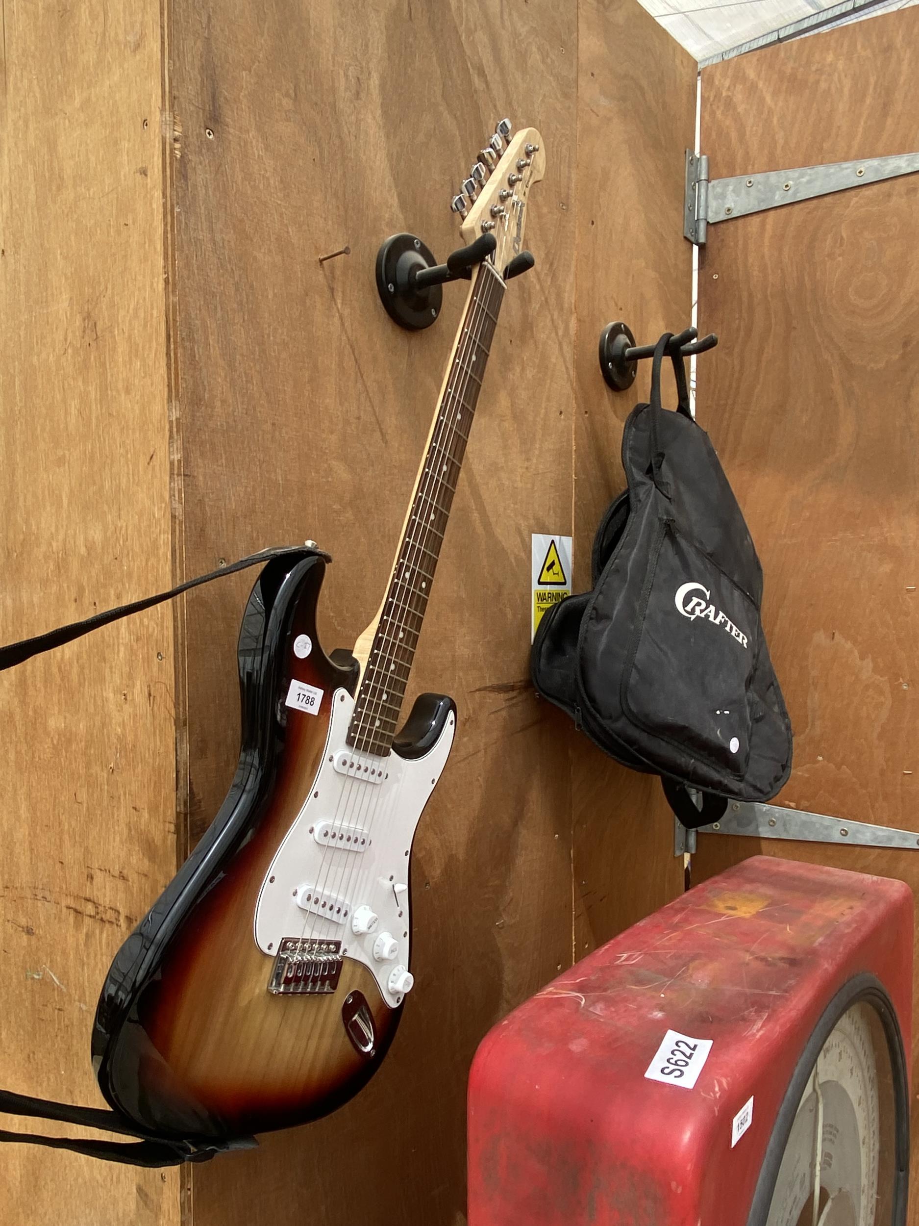 A CRUISER BY CRAFTER ELECTRIC GUITAR COMPLETE WITH CARRY CASE, PITCH PIPES AND WHAMMY BAR