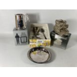 A QUANTITY OF SILVER PLATED BABY ITEMS TO INCLUDE A TANKARD, BOOTIE MONEY BOX, SMALL PLATE AND EGG