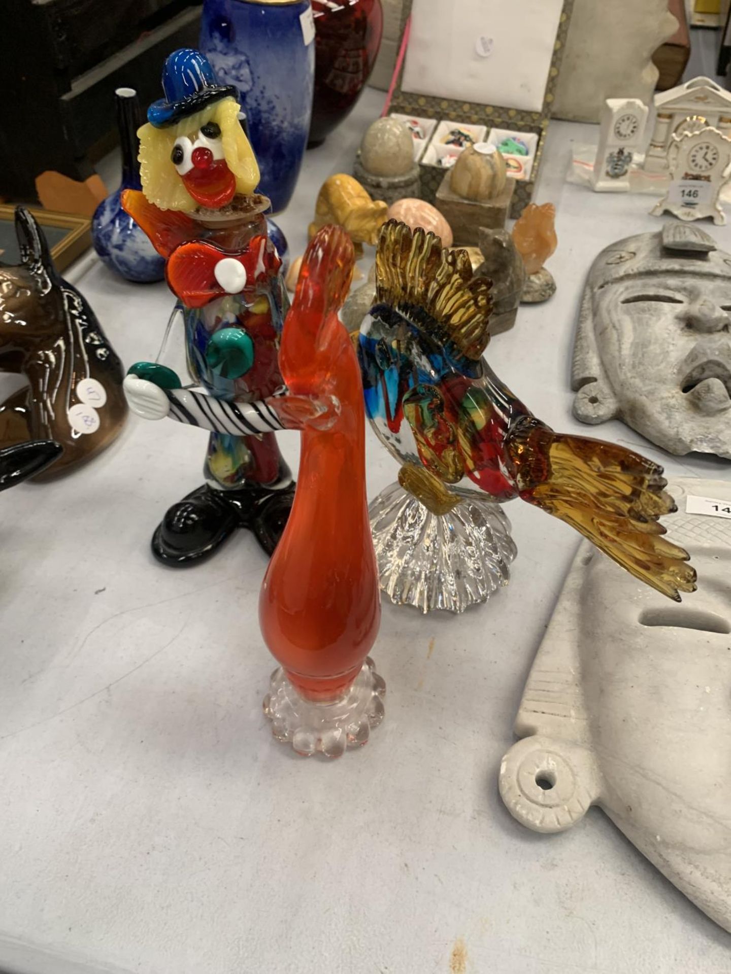 THREE MURANO GLASS FIGURES TO INCLUDE A CLOWN, FISH AND A COCKEREL