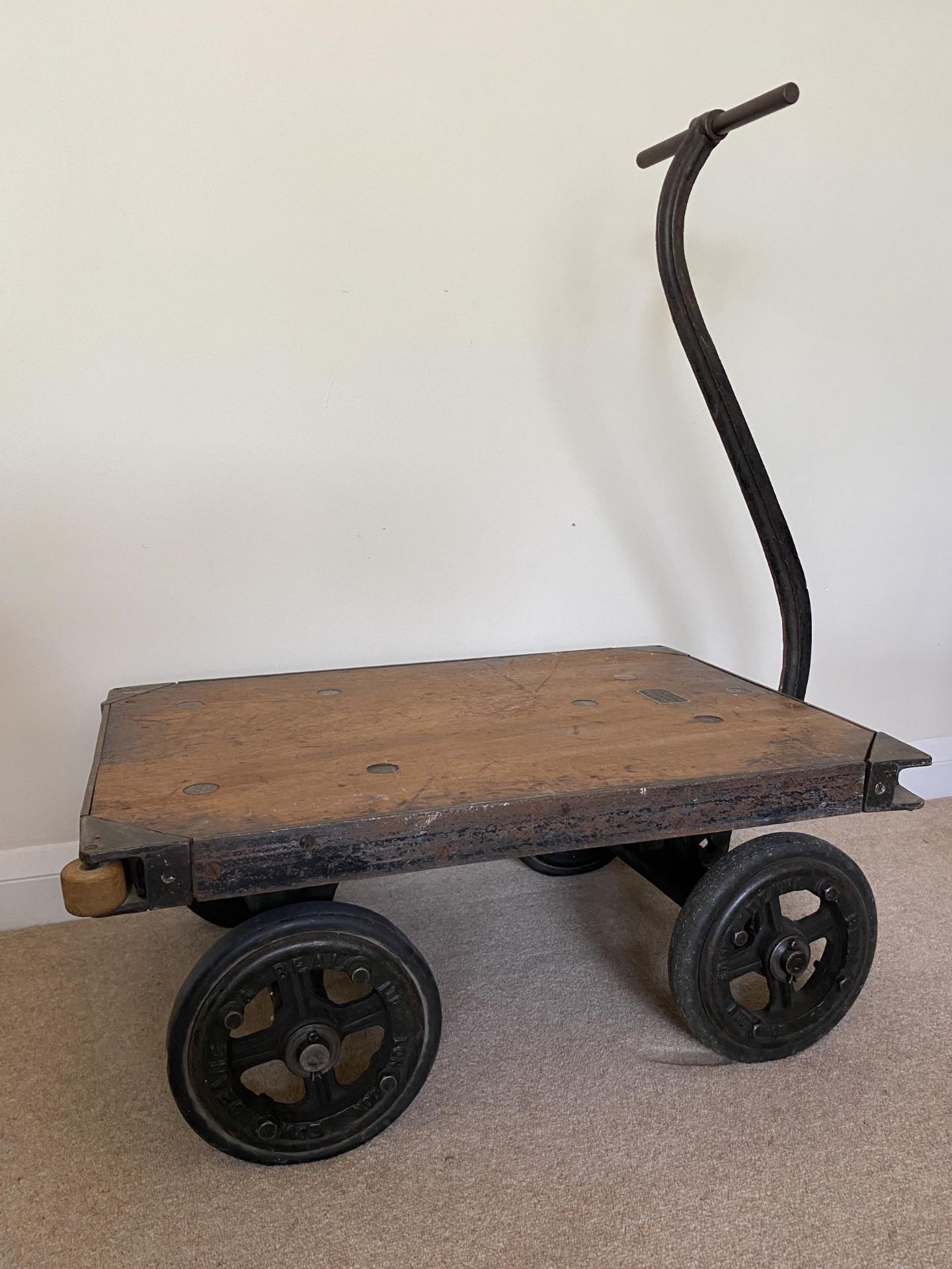 A VINTAGE BANKERS BULLION PLATFORM TROLLEY BY EDWARD, DEANE & BEALE LTD ENGINEERS, LONDON BRIDGE