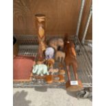 AN ASSORTMENT OF TREEN ITEMS TO INCLUDE ELEPHANT FIGURES ETC