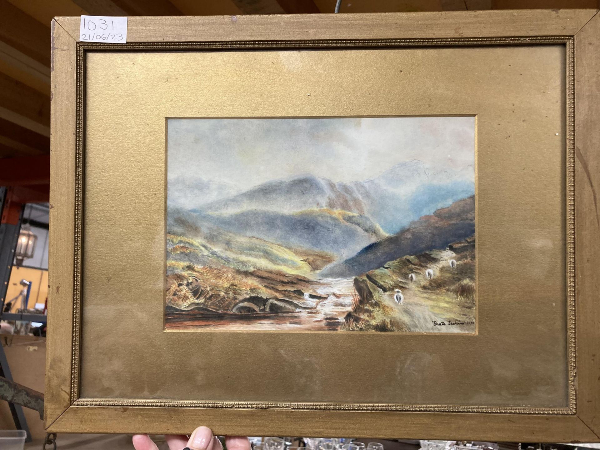 A QUANLITY FRAMED WATERCOLOUR 'SHEEP IN THE HILLS' SIGNED B JENKINS 1910