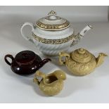 A COLLECTION OF 19TH CENTURY AND LATER TEAPOTS TO INCLUDE WEDGWOOD TREACLE GLAZE SMALL EXAMPLE ETC