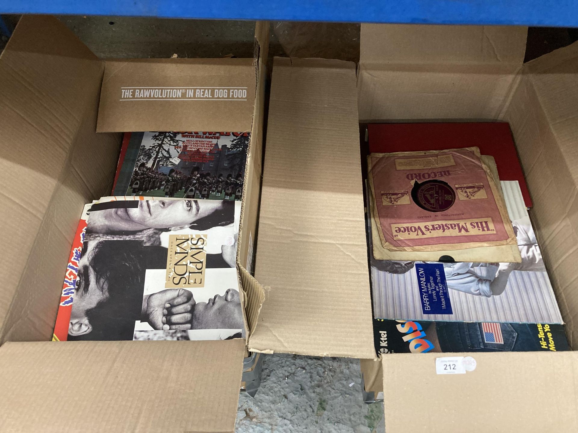 TWO BOXES OF LP RECORDS TO INCLUDE BARRY MAINLOW, SIMPLE MINDS ETC