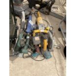 AN ASSORTMENT OF POWER TOOLS TO INCLUDE A DEWALT GRINDER AND RIP SAWS ETC