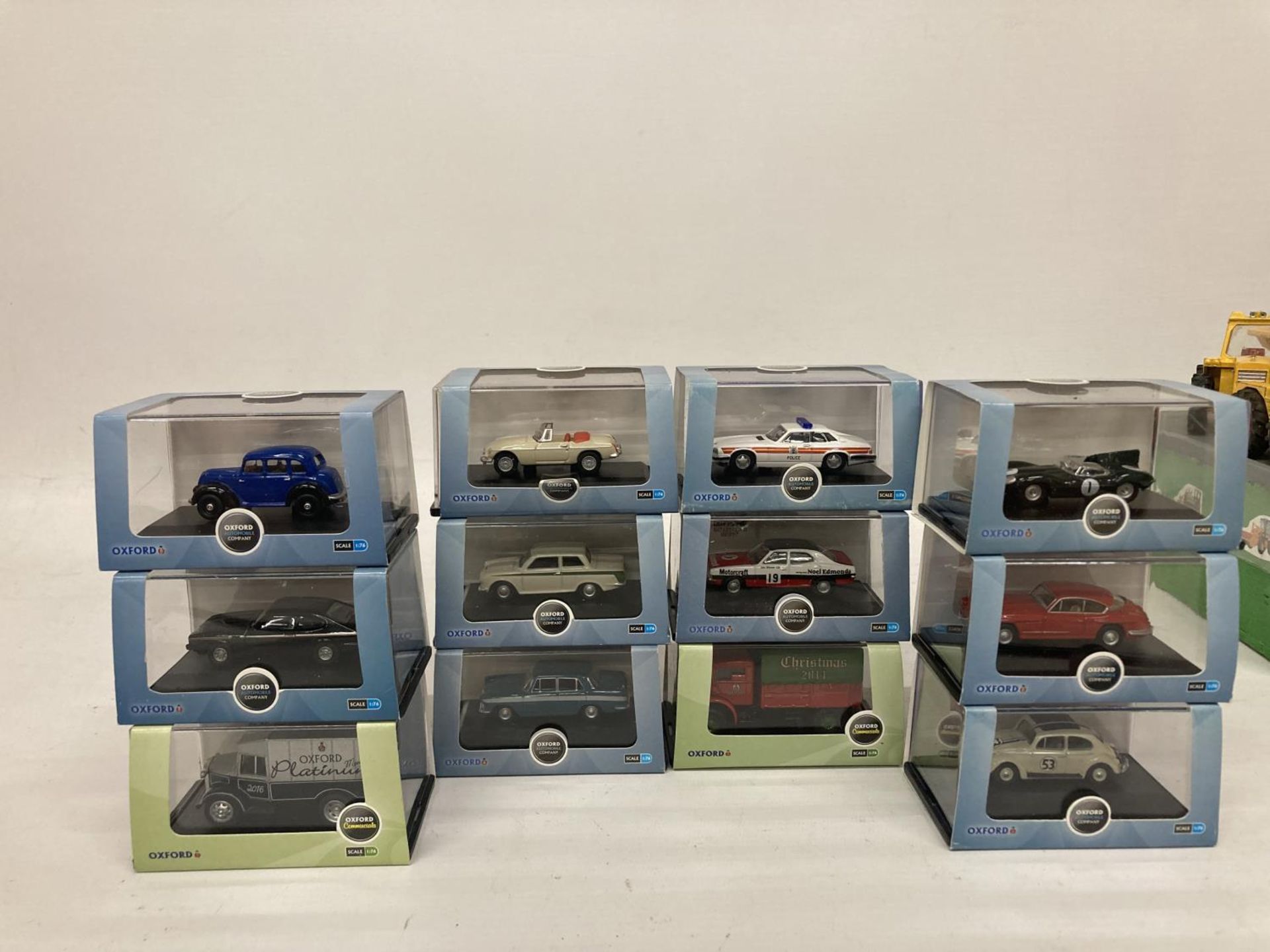 TWELVE MINT BOXED OXFORD DIE-CAST MODELS, RAILWAY SCALE, TO INCLUDE OLLD ENGLISH WHITE MGB, PEARL