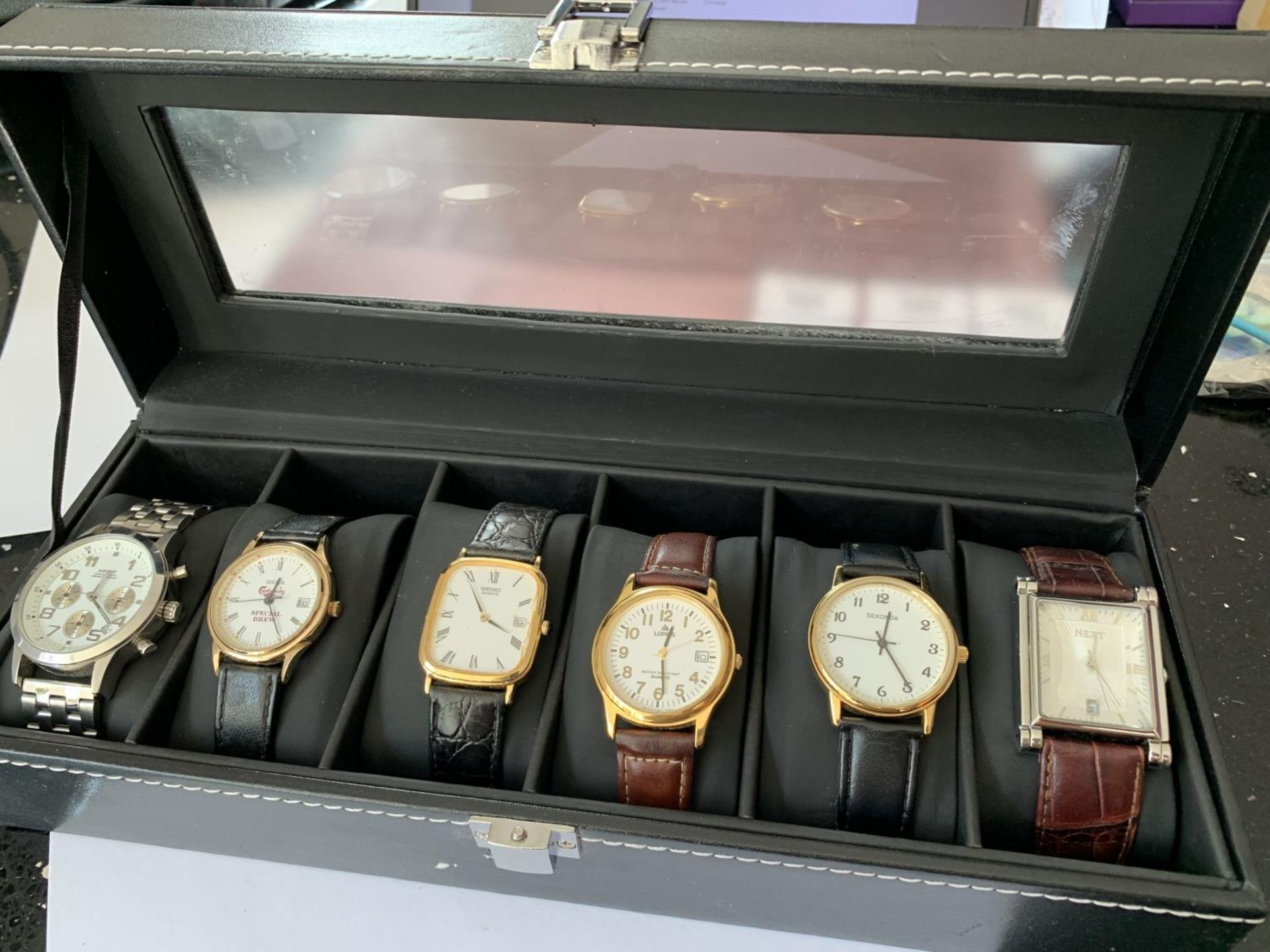 A BOX OF SIX GENTS WRISTWATCHES ALL SEEN WORKING BUT NO WARRANTY