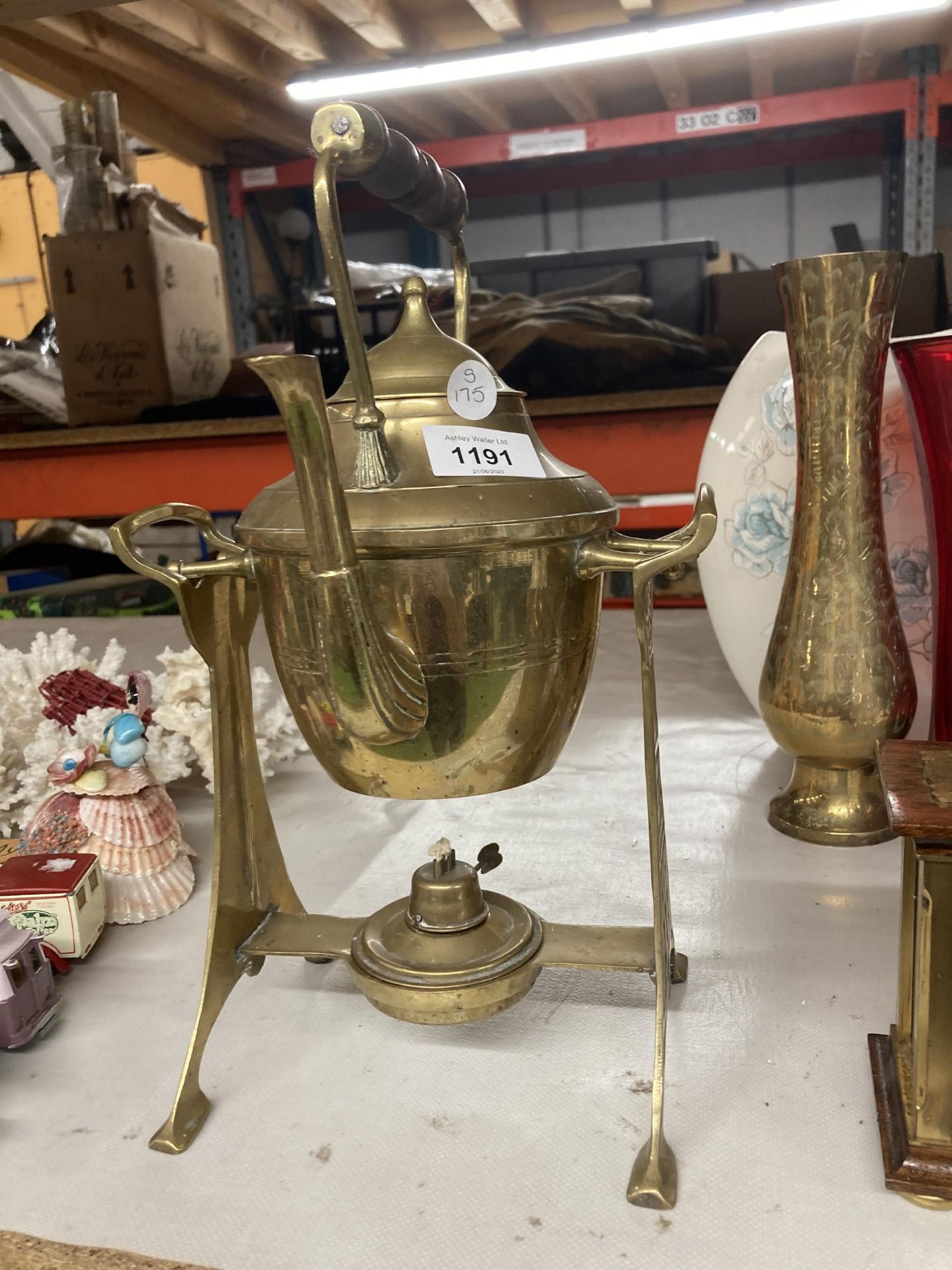 A VINTAGE BRASS SPIRIT KETTLE