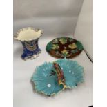 A VINTAGE MAJOLICA BOWL WITH HANDLE, MAJOLICA FRUIT PLATTER AND A VICTORIAN VASE