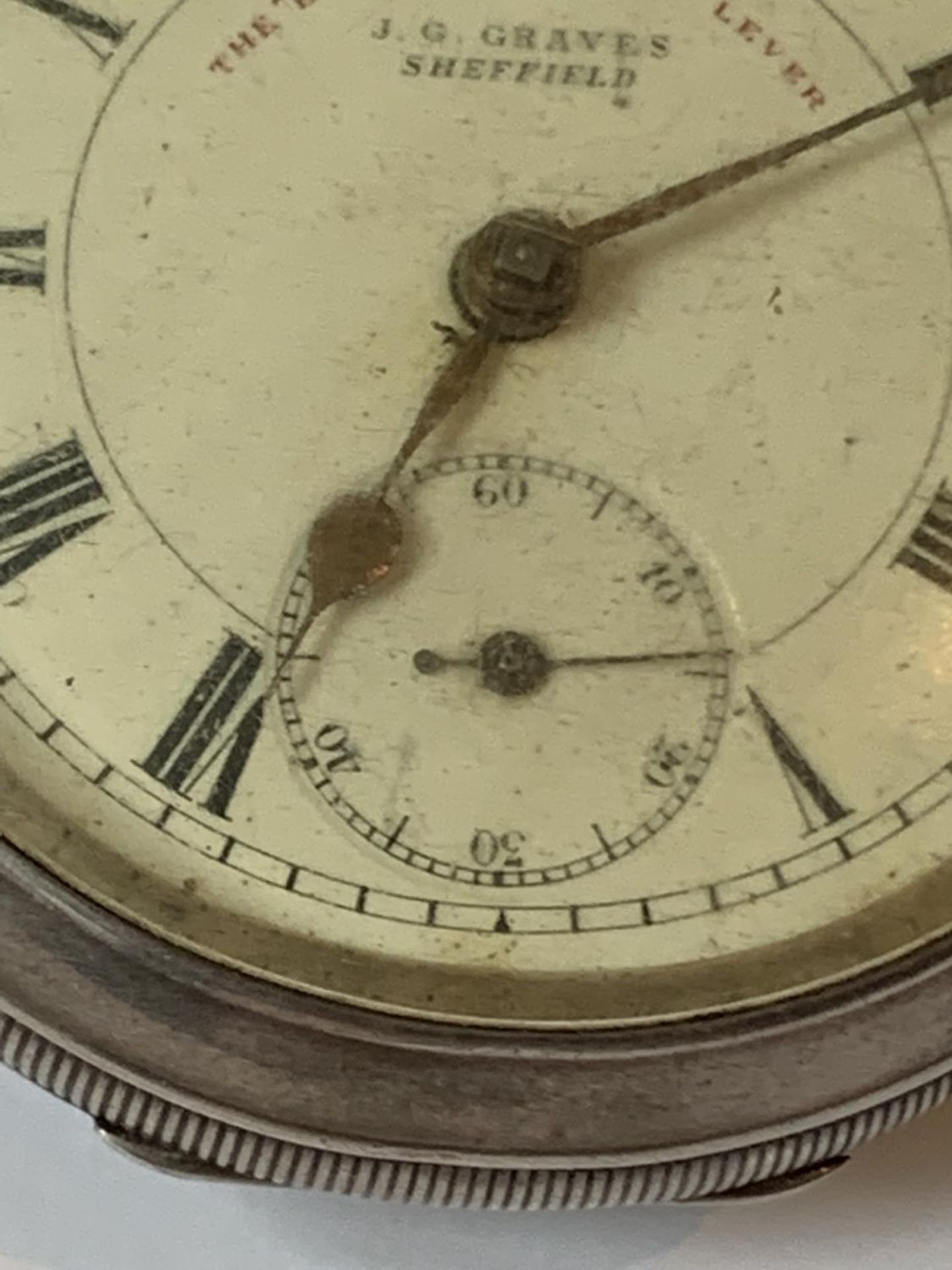 A HALLMARKED BIRMINGHAM SHEFFIELD POCKET WATCH 'THE EXPRESS ENGLISH LEVER J.G. GREAVES SHEFFIELD' - Image 3 of 5