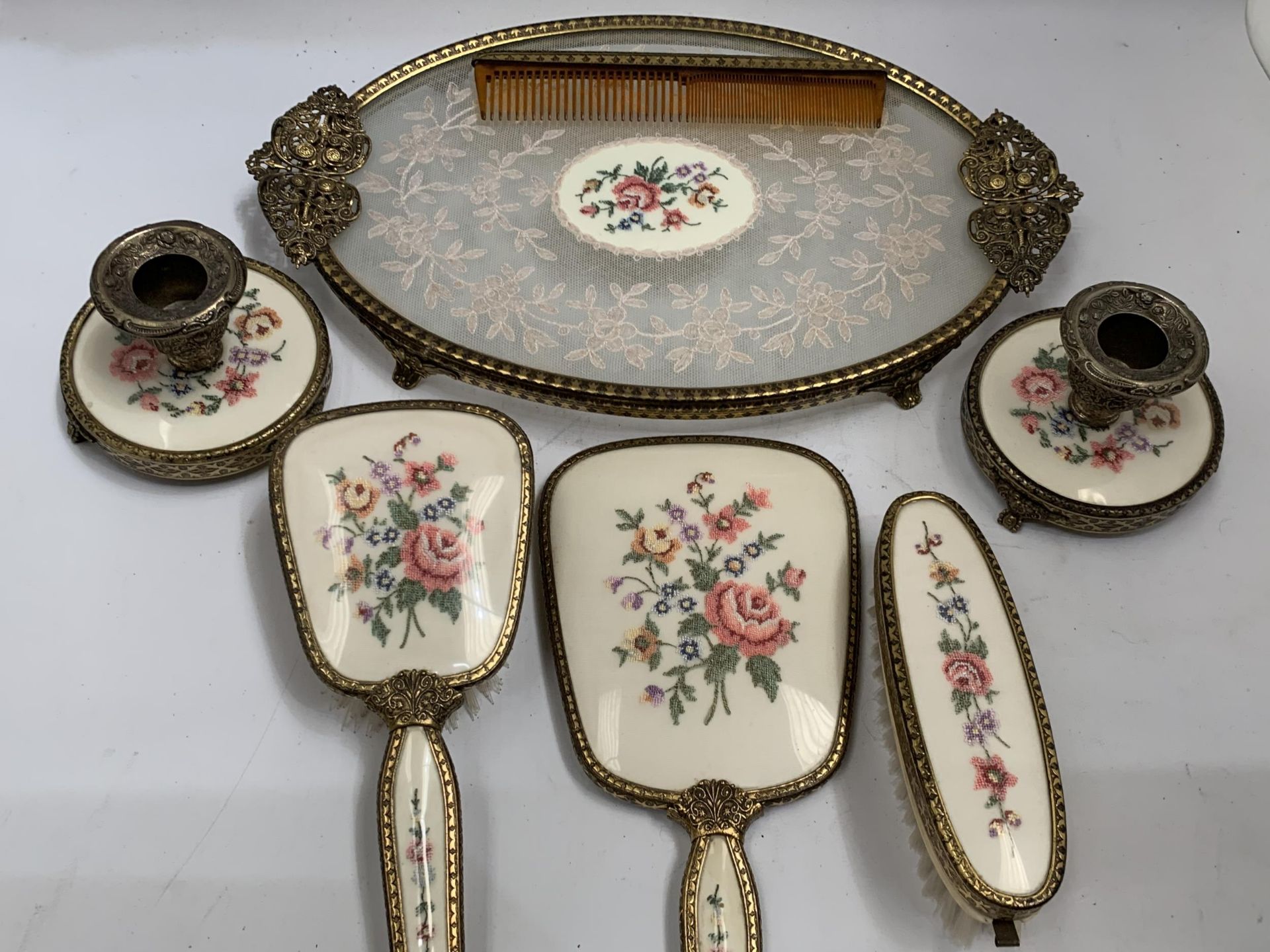 A VINTAGE FLORAL EMBROIDERED DRESSING SET WITH TRAY AND CANDLESTICKS ETC - Image 3 of 4