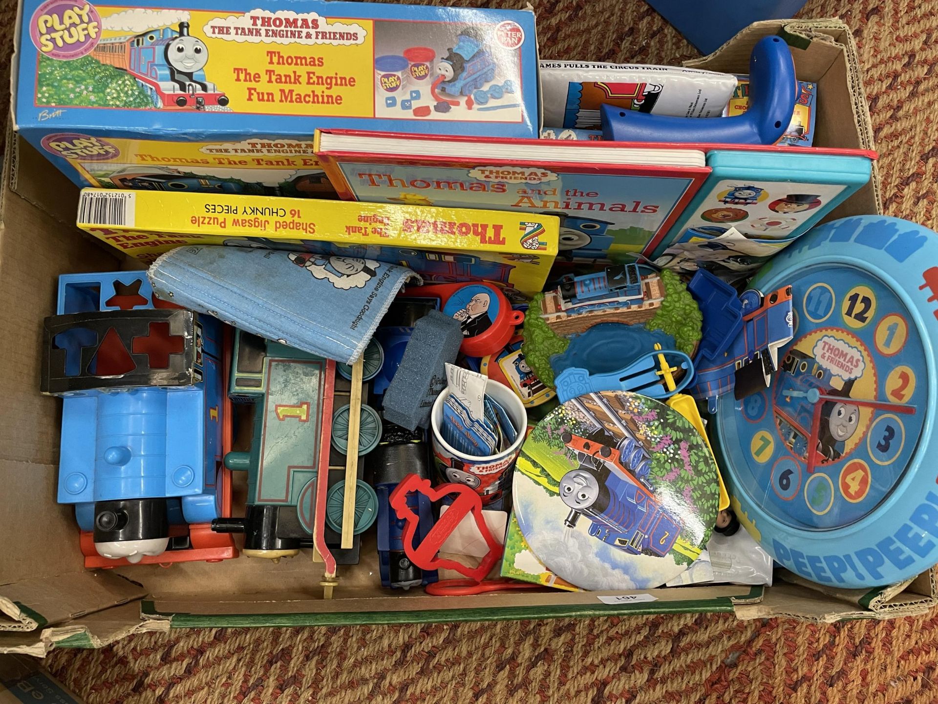 TWO BOXES OF THOMAS RELATED ITEMS, FIGURES AND BOOKS