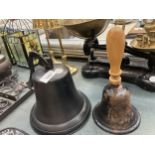 TWO VINTAGE BELLS TO INCLUDE A WOODEN HANDLED EXAMPLE