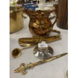 A HALLMARKED SILVER INKWELL, BRASS ITEMS AND LION HANDLED VINTAGE JUG