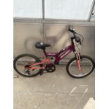 A GIRLS RALEIGH MISSION GIRLS BIKE WITH FRONT AND REAR SUSPENSION AND 6 SPEED GEAR SYSTEM