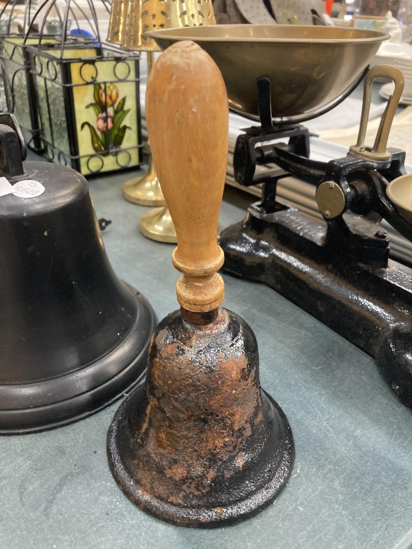 TWO VINTAGE BELLS TO INCLUDE A WOODEN HANDLED EXAMPLE - Image 2 of 3