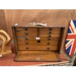 A VINTAGE 'MOORE & WRIGHT' OAK ENGINEERS CHEST OF 5 SHORT AND 3 LONG DRAWERS WITH DROP DOWN FRONT