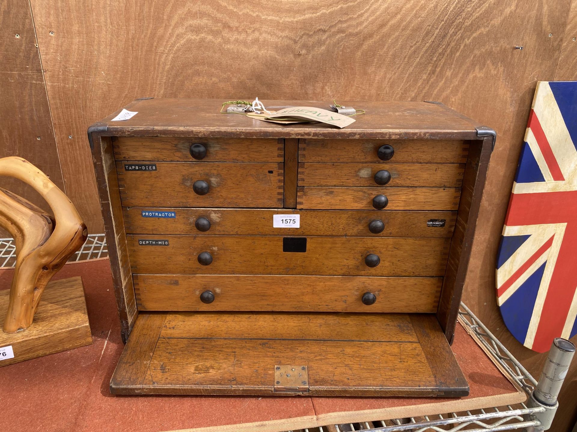 A VINTAGE 'MOORE & WRIGHT' OAK ENGINEERS CHEST OF 5 SHORT AND 3 LONG DRAWERS WITH DROP DOWN FRONT