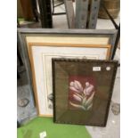 A GROUP OF THREE PICTURES, ABSTRACT WATERCOLOUR OF A MAN AND FLORAL PRINTS