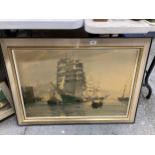 A LARGE FRAMED PRINT OF SHIPS 91CM X 65CM