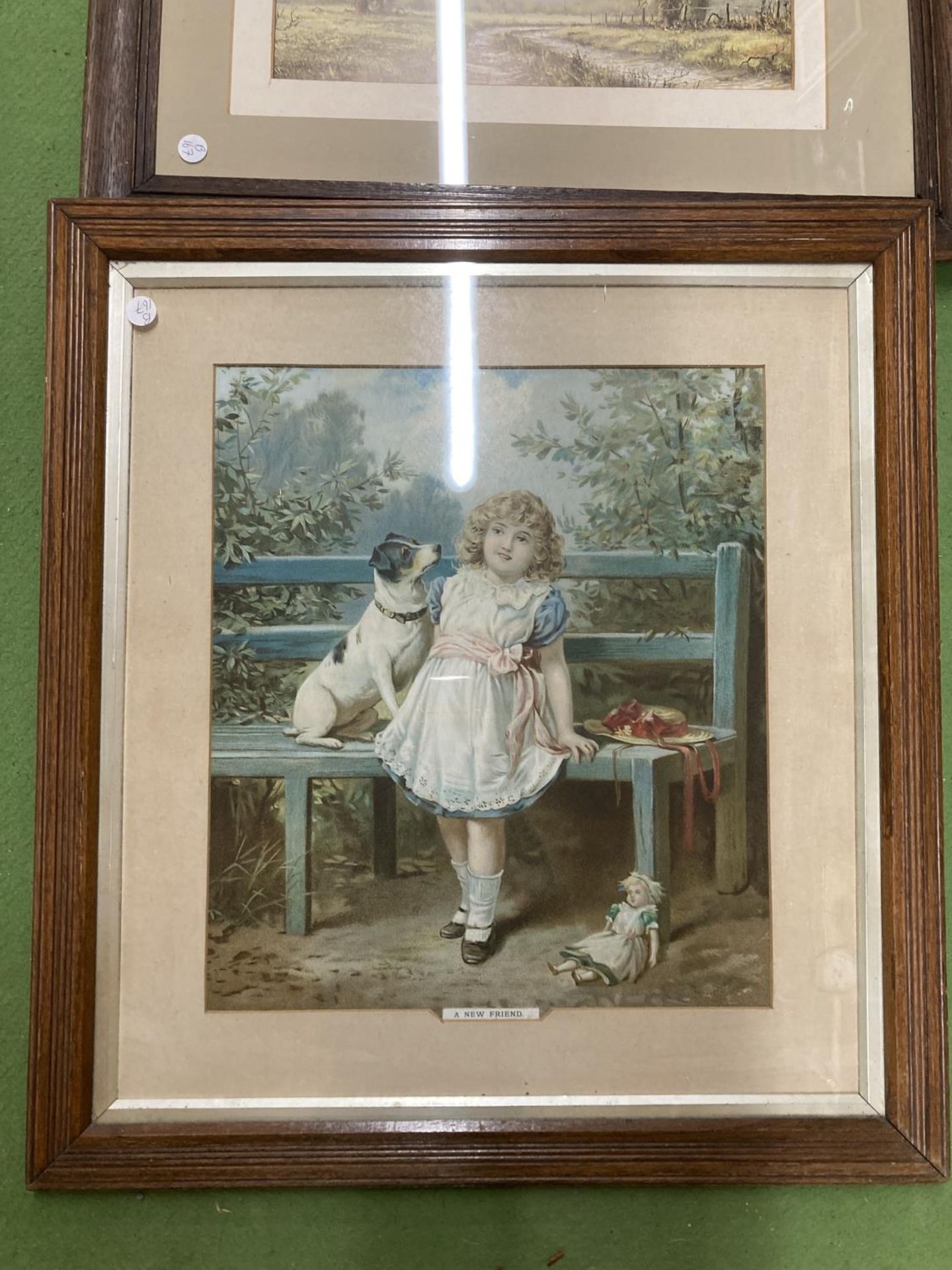 THREE VINTAGE OAK FRAMED PRINTS TO INCLUDE 'A NEW FRIEND' ETC - Image 2 of 4