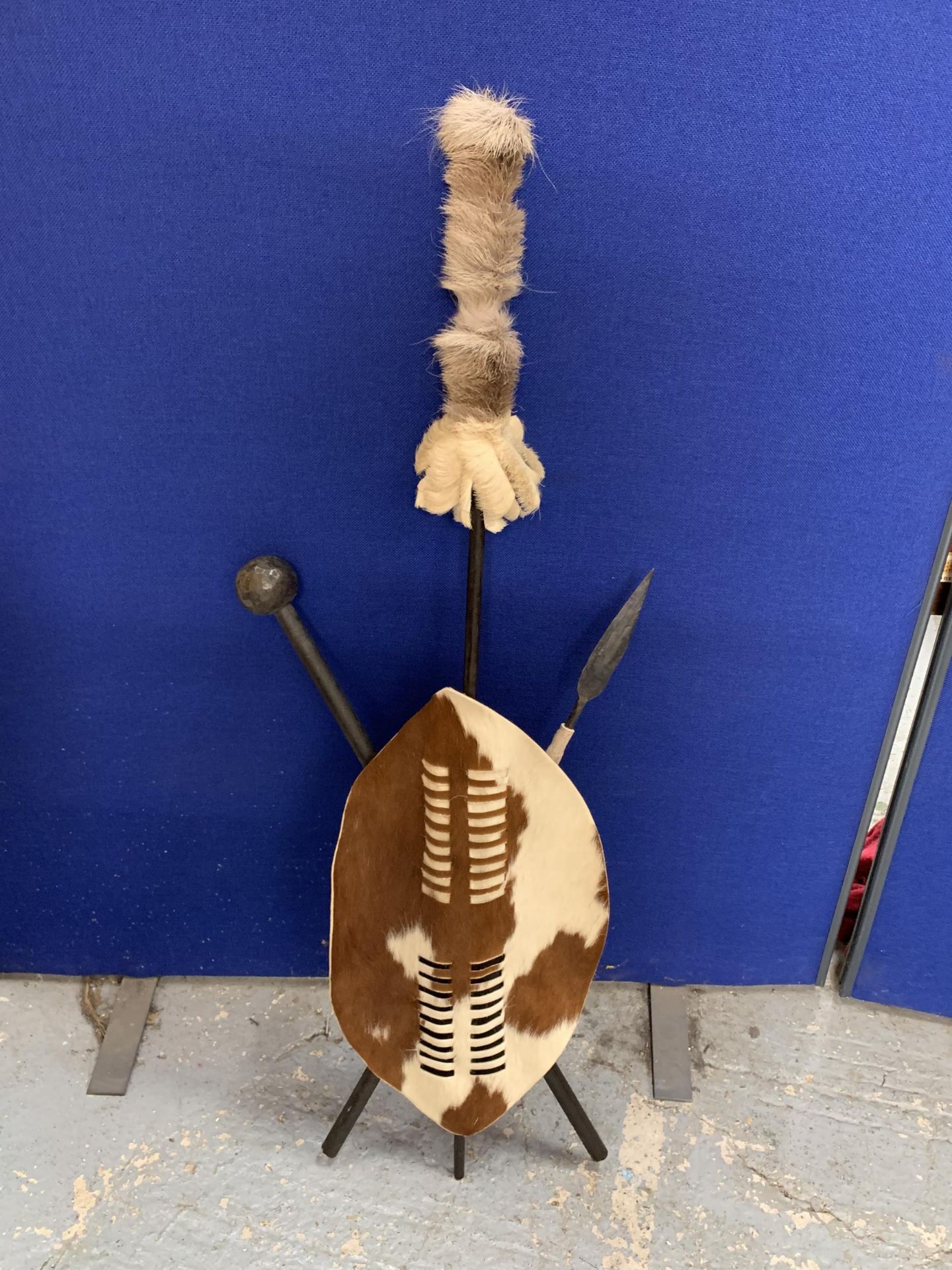 AN AFRICAN TRIBAL WALL ART SHIELD AND SPEAR