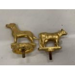 TWO VINTAGE GOLD PAINTED CAR MASCOTS - COW AND DOG