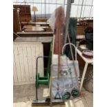 AN ASSORTMENT OF ITEMS TO INCLUDE A FOLDING TROLLEY AND BRUSHES ETC