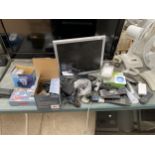 AN ASSORTMENT OF ITEMS TO INCLUDE REMOTE CONTROLS AND MONITORS ETC