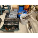 AN ASSORTMENT OF ITEMS TO INCLUDE DRAINING RODS, DRILL BITS AND HAND TOOLS ETC