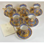 A COMPTON AND WOODHOUSE 'THE WONDERS OF THE NILE' TUTANKHAMUN GILT SET OF SIX CUPS AND SAUCERS