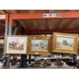 A GROUP OF THREE FRAMED HUNTING PRINTS TO INCLUDE WOODEN EXAMPLES