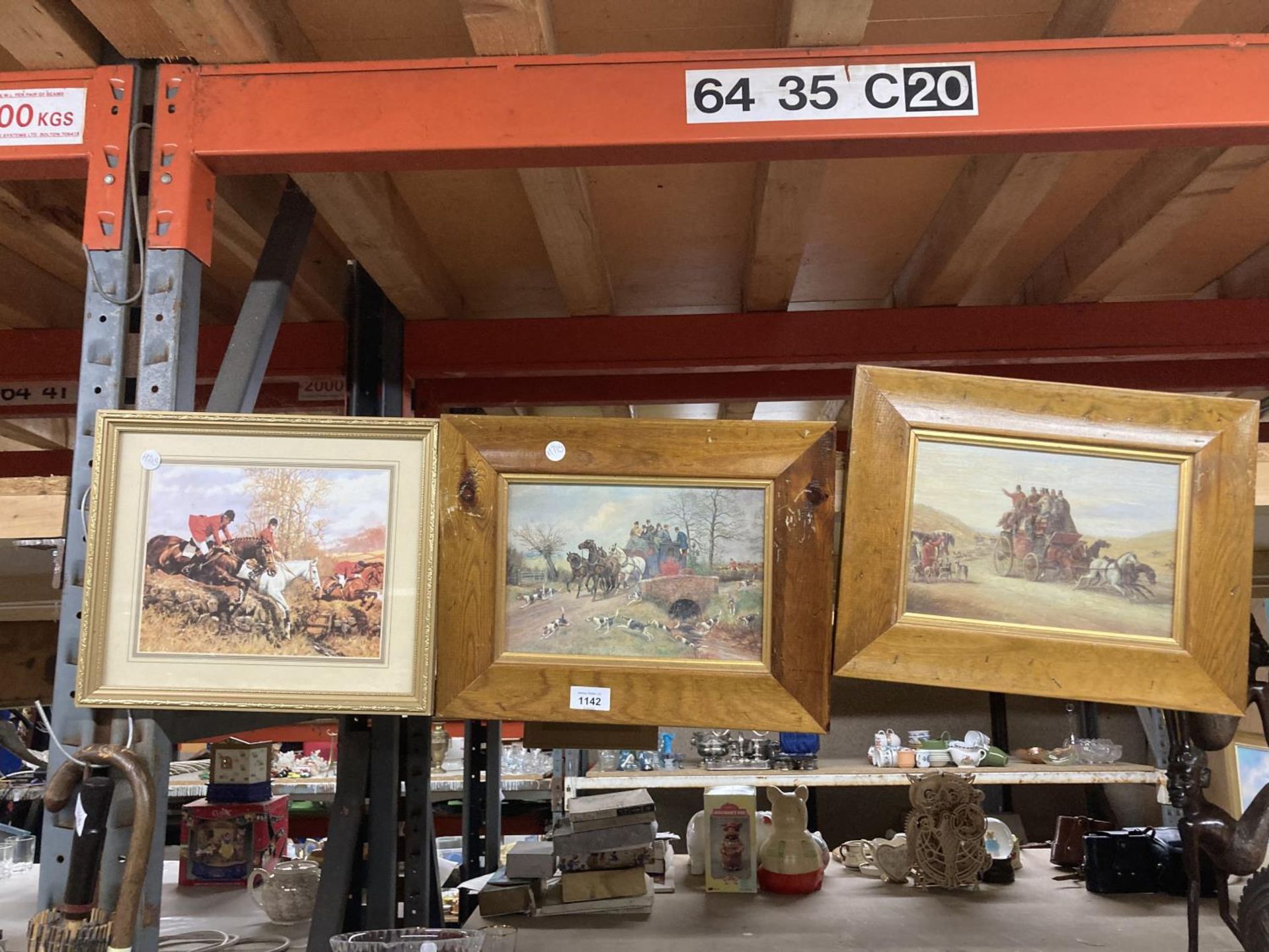 A GROUP OF THREE FRAMED HUNTING PRINTS TO INCLUDE WOODEN EXAMPLES