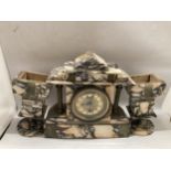 A VINTAGE SLATE MARBLE MANTLE CLOCK WITH GARNITURES, WITH KEY