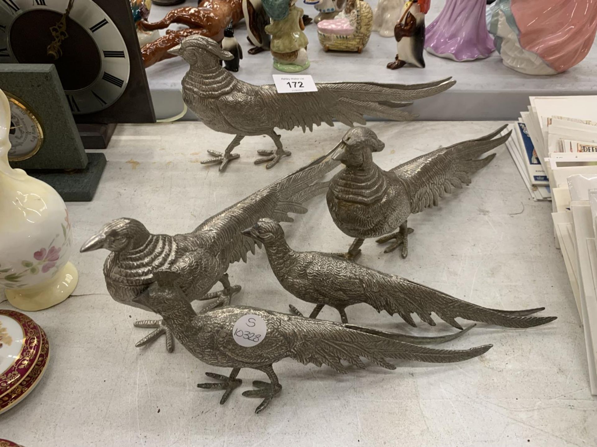 THREE LARGE AND TWO SMALLER WHITE METAL PHEASANTS