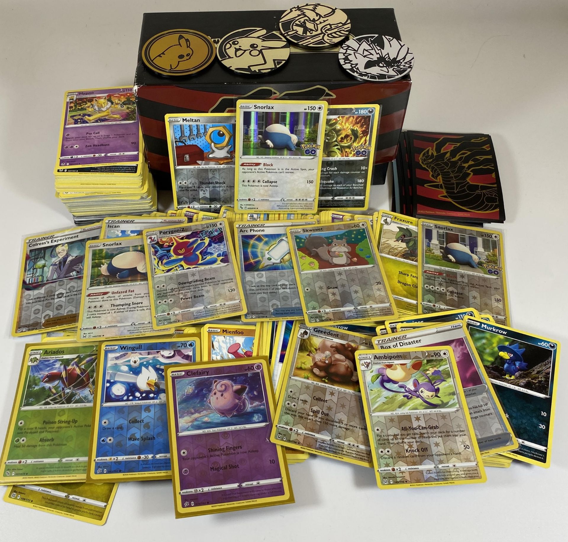 A POKEMON TRAINER BOX OF 350+ POKEMON CARDS, RARES, HOLOS, COUNTERS ETC