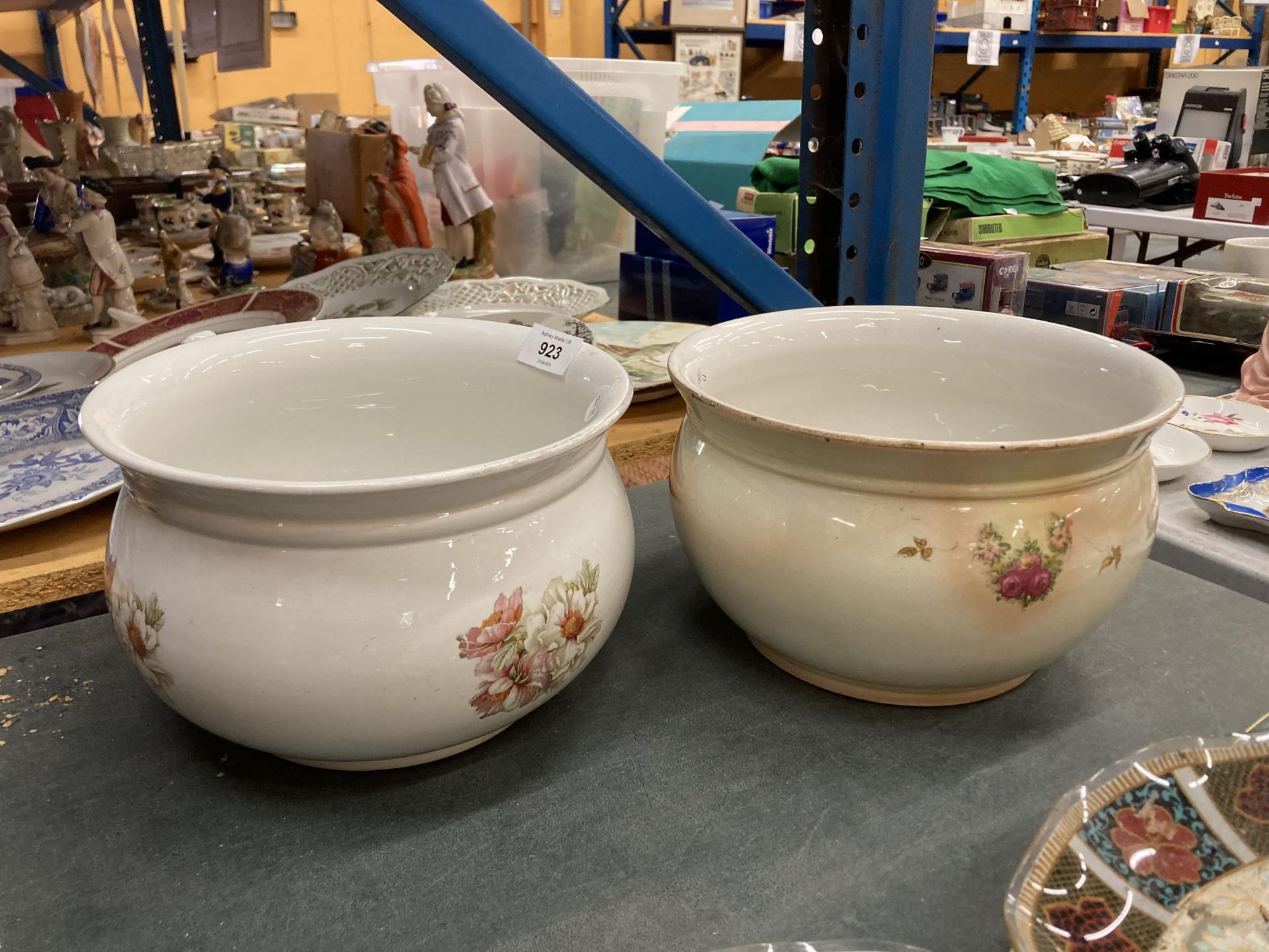 TWO VINTAGE FLORAL PATTERNED CHAMBER POTS
